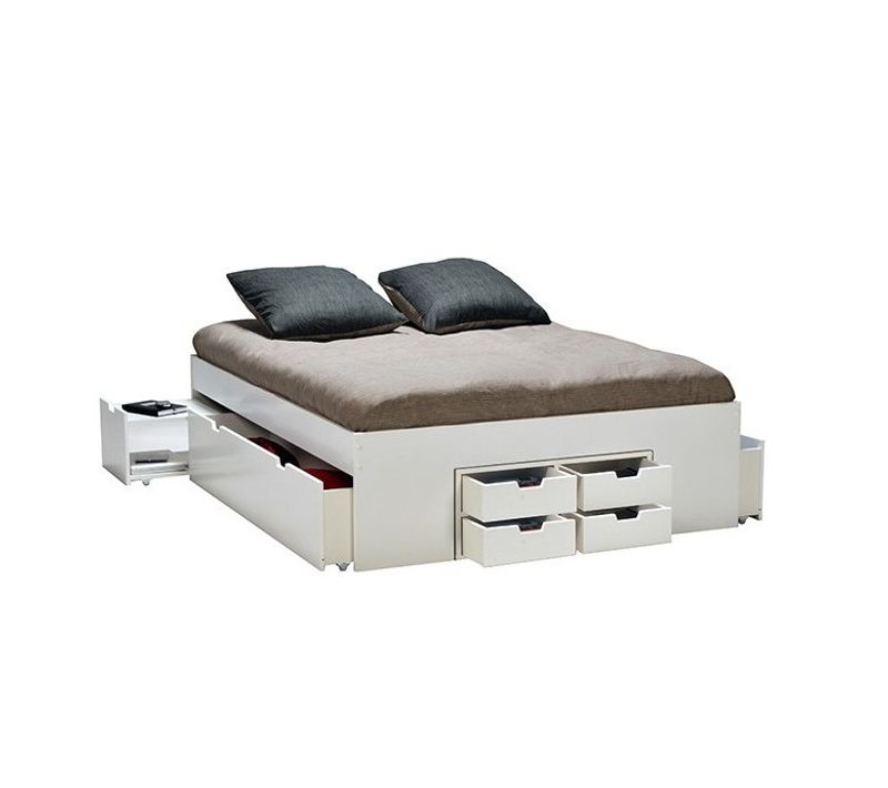 Lit Double Jazz 140x190 7 Tiroirs + 2 Chevets / Blanc