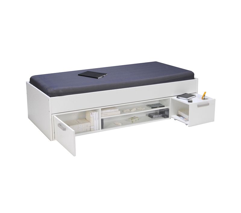 Lit Junior - Chevet - Étagère - Rangement - 90x190 Tess - Blanc