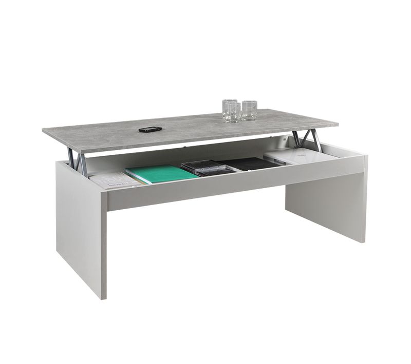 Table Basse 120cm Plateau Relevable Darwin Blanche Et Béton