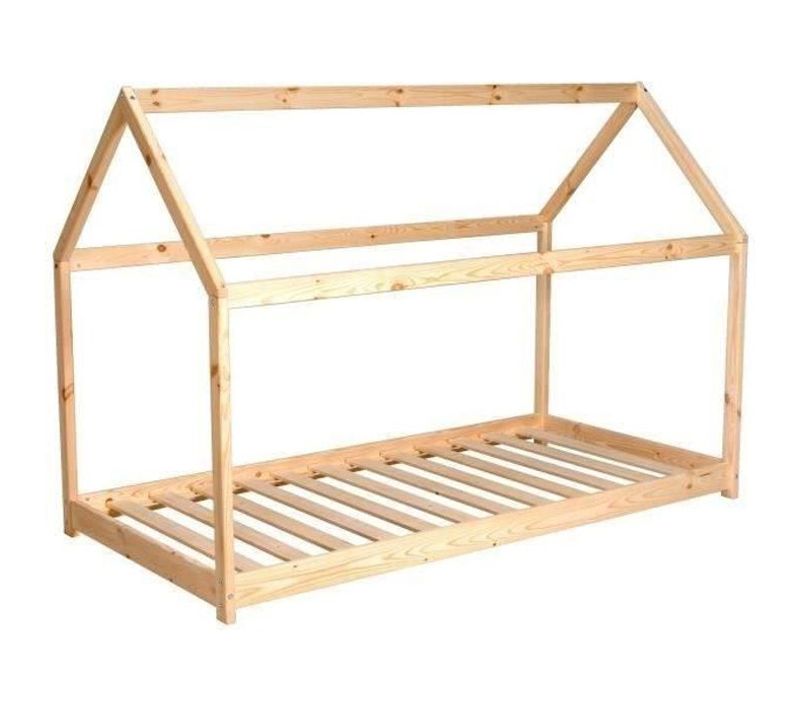 Lit Enfant Cabane 90 X 190 Cm - Bois Pin Massif Naturel - Sommier En Bois Épicéa Inclus