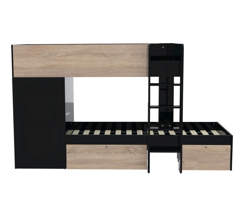 Lit Superposé 90x190 - Armoire - Tiroirs - Twin - Noir Et Bois
