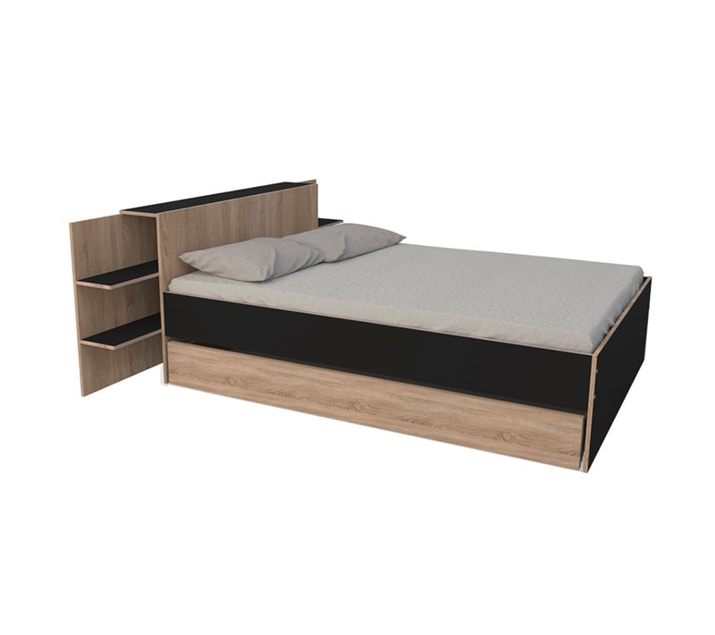 Lit 140x190 Inclus Tête De Lit Avec Chevet Et 1 Petit Tiroir Fara Noir Et Naturel Blanchi