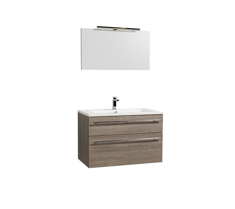 Meuble Sous-vasque 90 cm + Vasque + Miroir + Éclairage Maia / Chêne Clair Grisé