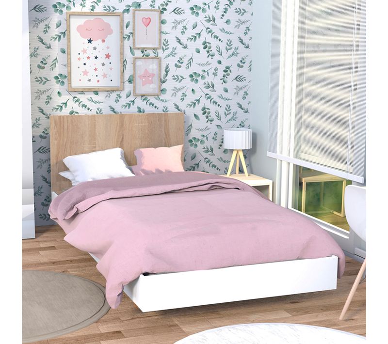 Lit 90x190 Sommier Inclus Cora - Blanc Et Bois Blanchi