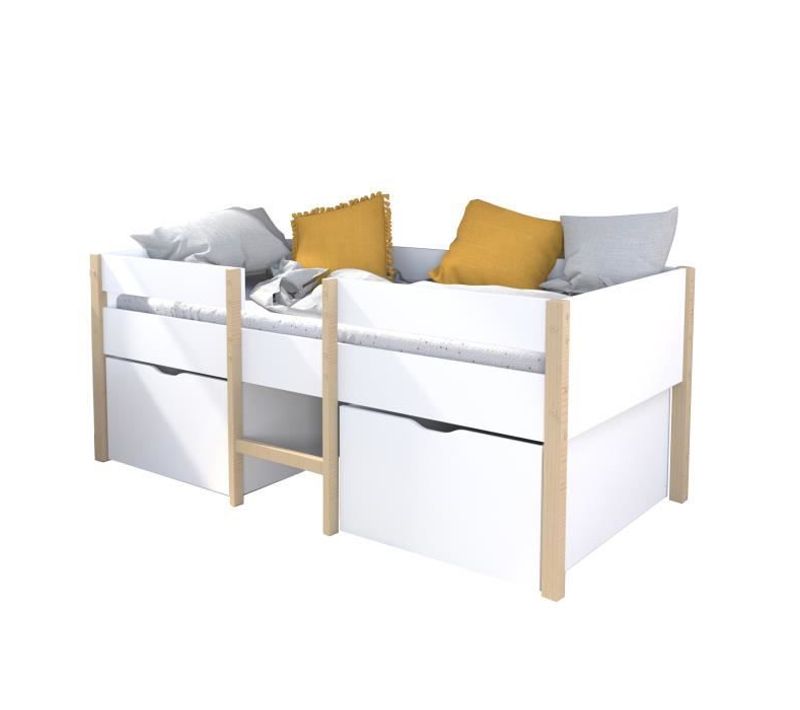 Lit Mi-hauteur 90x200 cm Avec 2 Maxi Tiroirs - Blanc/bois - Sommier Inclus - Zephir
