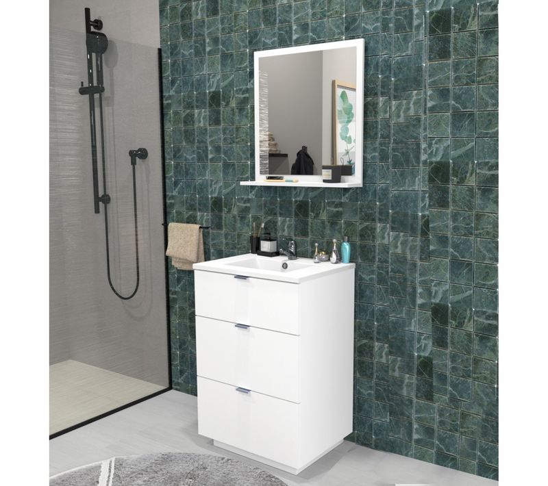 Meuble Sous-vasques 3 Tiroirs Marbella 60 Cm + Vasque + Miroir / Blanc