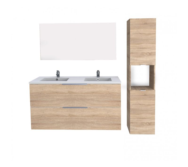 Meuble Sous-vasque Malaga 120 Cm + Vasque + Miroir + Colonne / Décor Chêne Blanchi