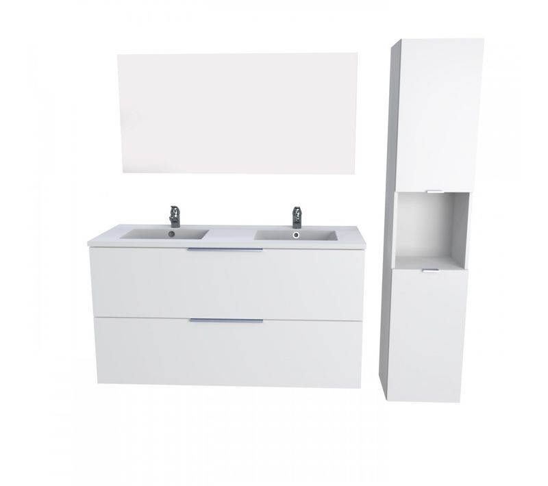 Meuble Sous-vasque Malaga 120 Cm + Vasque + Miroir + Colonne / Blanc