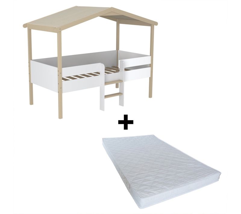 Lit Cabane Piloti 90x190 + 1sommier+ Matelas Iris / Blanc Et Naturel