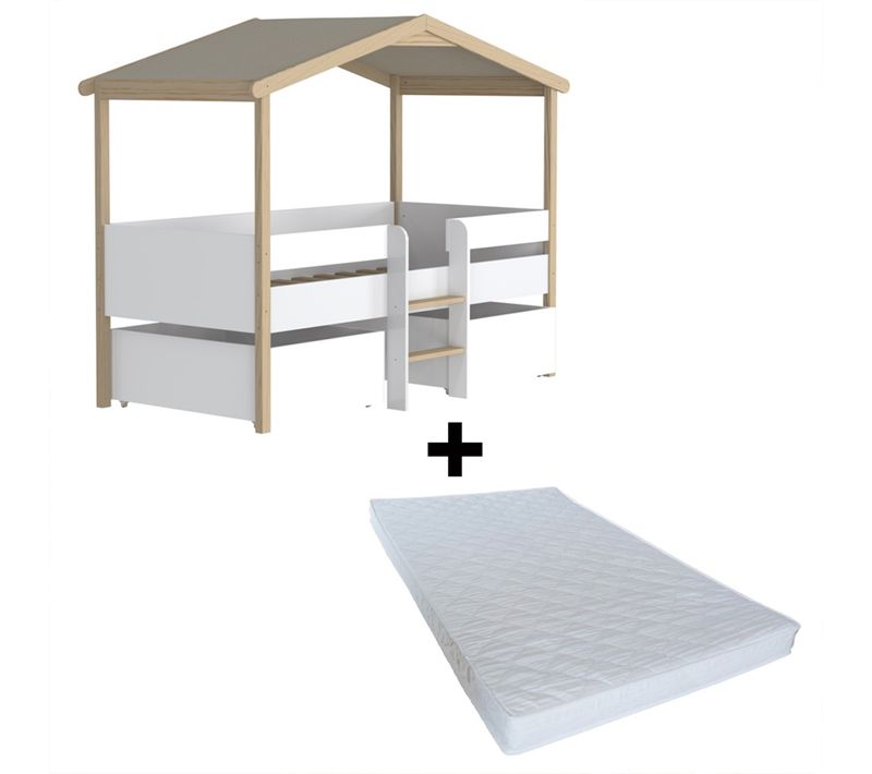 Lit Cabane Piloti 90x190 + 2 Tiroirs + 1 Sommier + 1 Matelas Iris / Blanc Et Naturel