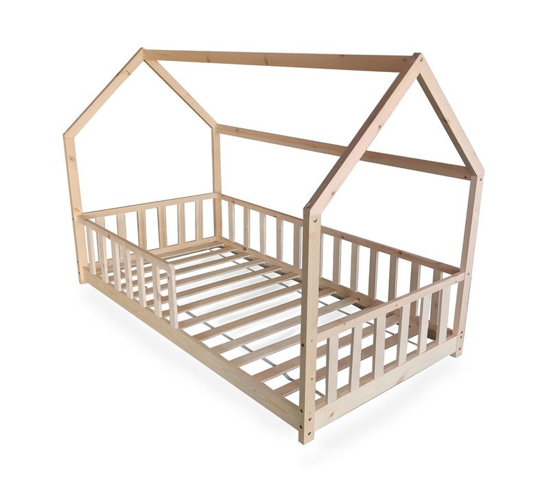 Lit Cabane Kiwi 90x190 + 1 Sommier + Barrière /naturel