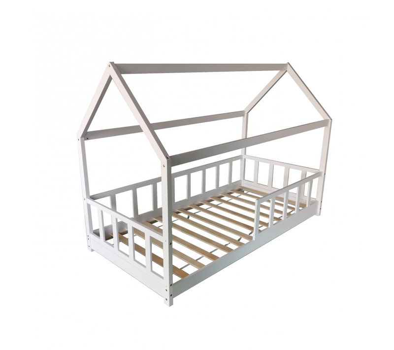 Lit Cabane Kiwi 90x190 + 1 Sommier + Barrière /blanc