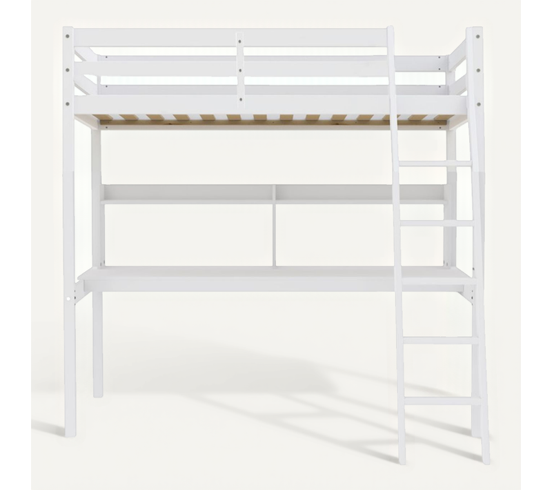 Lit Mezzanine Studio 90x190 + 1 Sommier + Bureau + étagère / Blanc