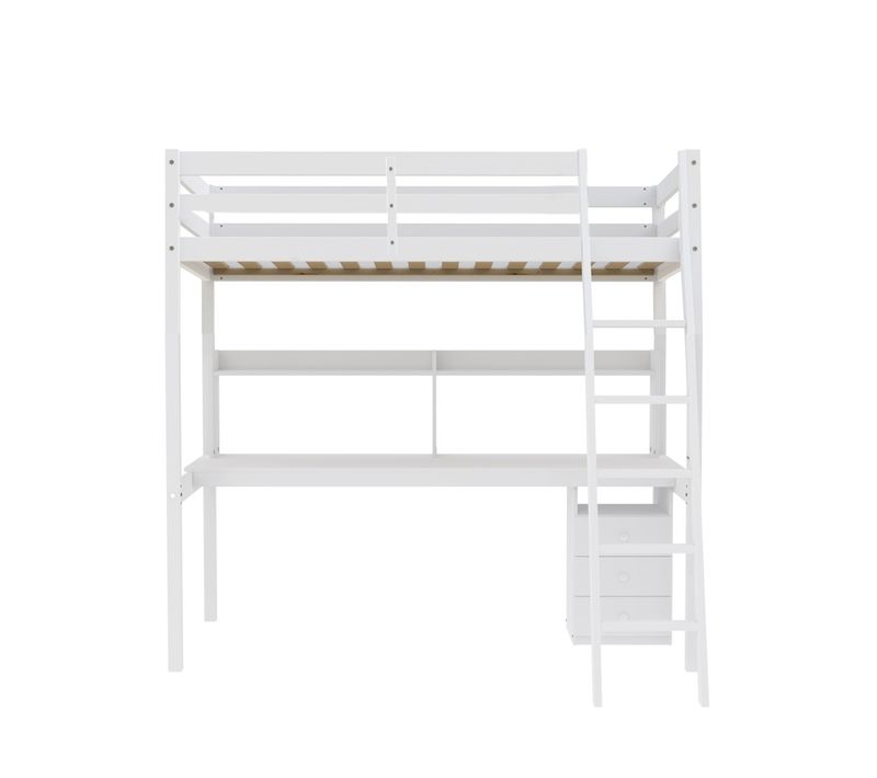 Lit Mezzanine Studio 90x190 + 1 Sommier + Caisson 3 Tiroirs + Bureau + Étagère / Blanc