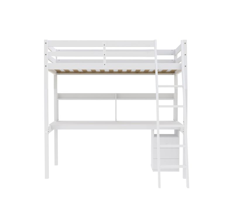 Lit Mezzanine Studio 140x190 + 1 Sommier + Caisson 3 Tiroirs + Bureau + Étagère / Blanc