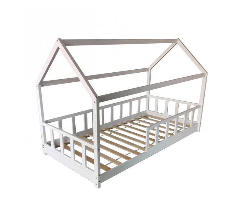 Lit Cabane Kiwi 90x200 + 1 Sommier + Barrière /blanc