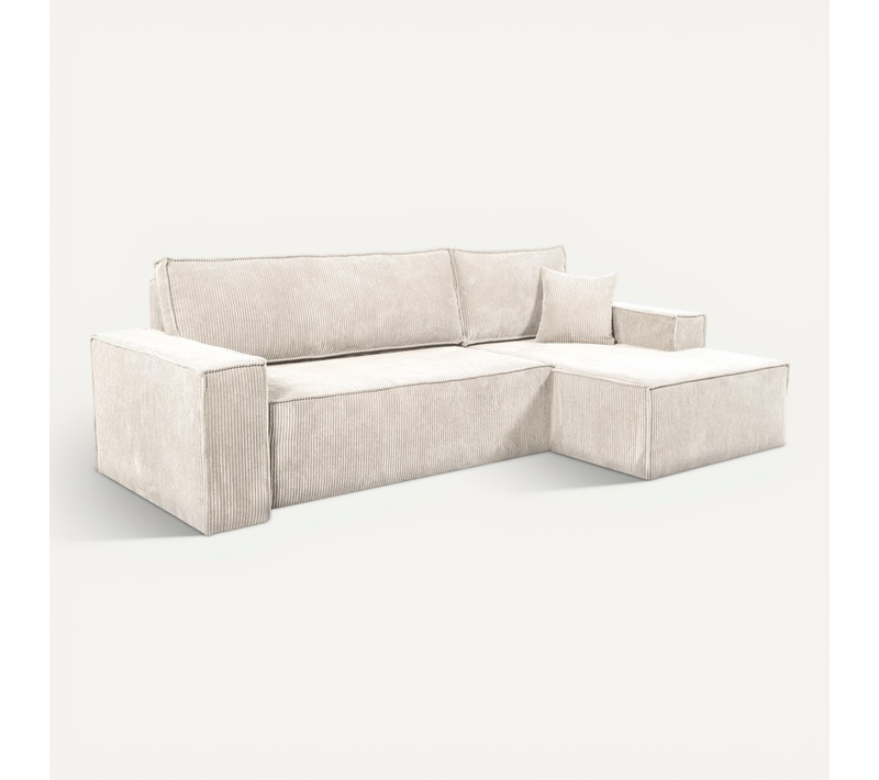 Canapé D'angle Convertible Avec Coffre Elise En Velours Côtelé - Angle Droit / Beige