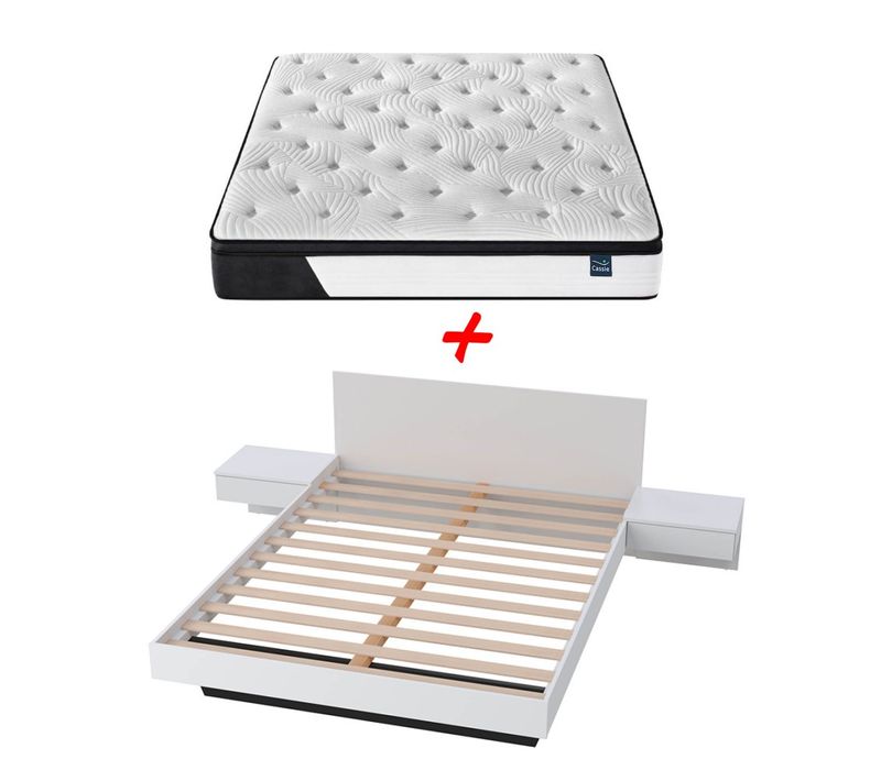 Lit Cool 140x190 Cm + 2 Chevets + Sommier + Matelas Cassie / Blanc