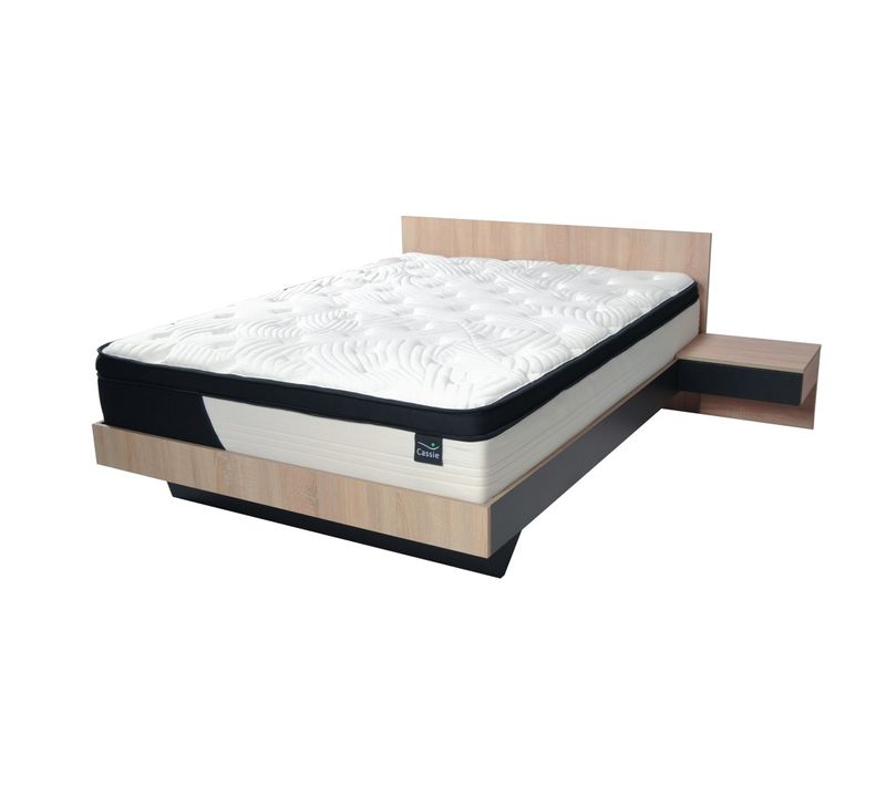 Lit Cool 140x190 Cm + 2 Chevets + Sommier + Matelas Cassie / Décor Chêne Blanchi et Noir