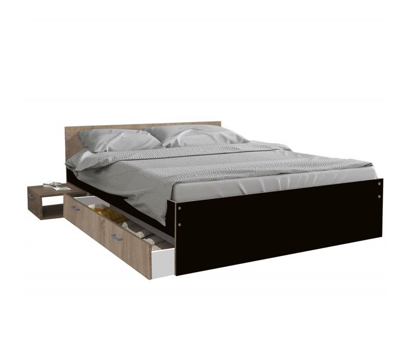 Lit Twist 140x190+ 1 Chevet + 1 Tiroir / Décor Noir Et Chêne Blanchi