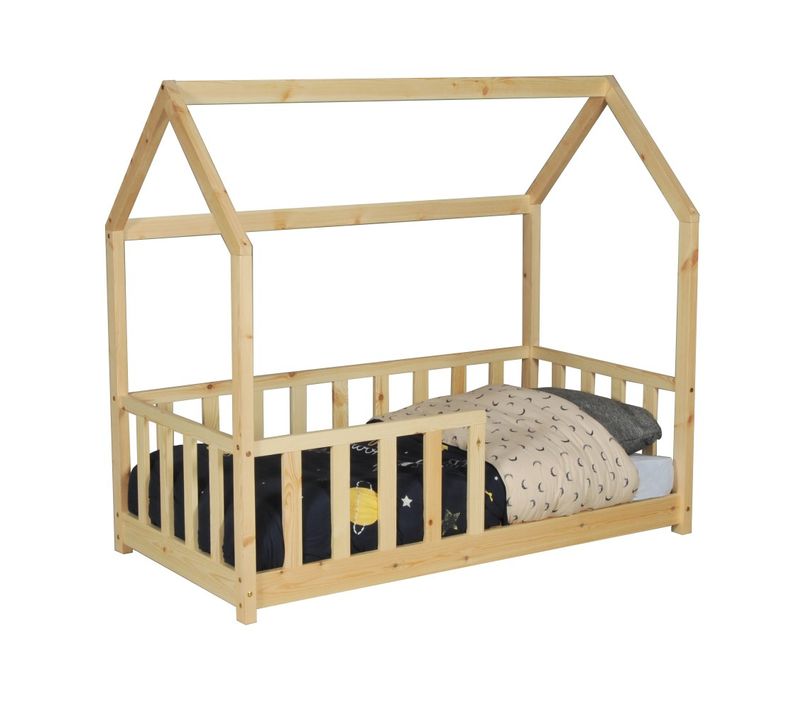 Lit Cabane Kiwi 70x140 + 1 Sommier + Barrière /naturel