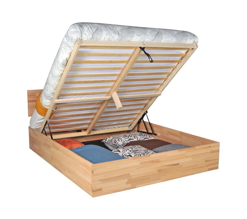 Lit Coffre 160x200cm Milo Avec Tête De Lit + Sommier/ Hêtre Massif Huilé