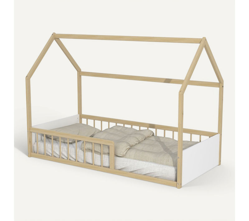 Lit Cabane Baloo 90x190 Cm + 1 Sommier - Blanc Et Naturel