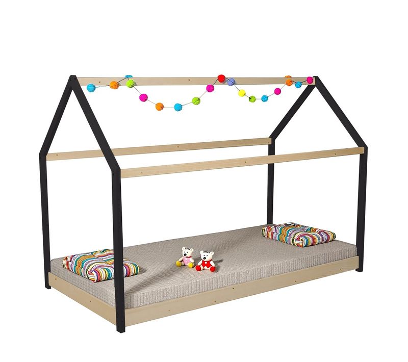 Lit Cabane Panda2 90x190 Cm + 1 Sommier / Noir Et Bois Clair