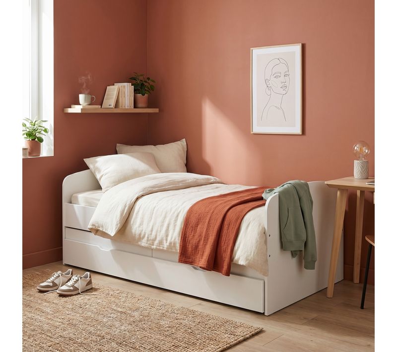 Lit gigogne avec sommiers 2x90x190 cm + 2 tiroirs de rangement FLORA blanc