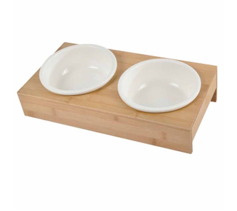 Lot De 2 Gamelles Chien et Chat "bambou" 37cm Blanc