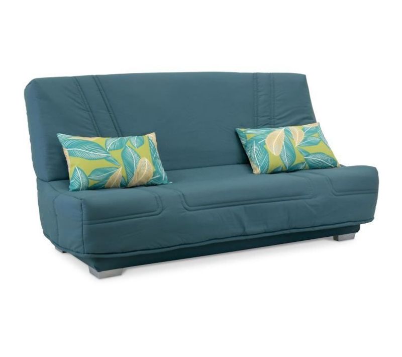 Comfort Bultex Banquette Clic-clac - 3 Places - Tissu Bleu + Coussins Déco Jungle