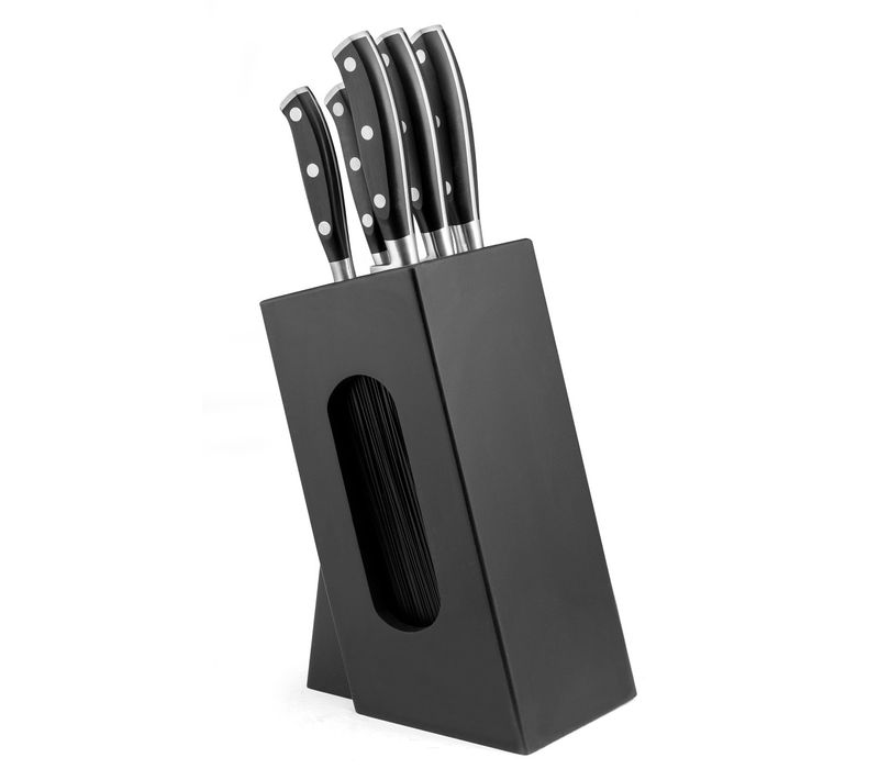 Vulcano - Bloc Spaghetti En Bois Noir 5 Couteaux De Cuisine