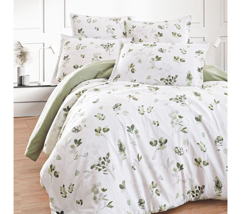 Parure Housse De Couette Gaze De Coton + 2 Taies 65x65 Cm 200x200 Cm Lichen Lola Loft