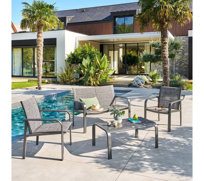 Salon De Jardin 4 Places Aluminium Piazza Gris Cendré/graphite Hespéride