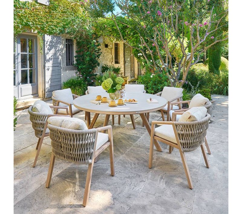 Table Extérieure Ronde 8 Places Nelora Pierre Frittée Et Aluminium Hespéride