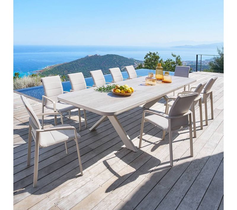 Table Extérieure Extensible 12 Places Volupty Pierre Frittée Ficelle / Argile Hespéride