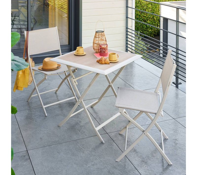 Table Extérieure Pliante 2 Places Azua Verre Effet Bois épeautre Argile Hespéride