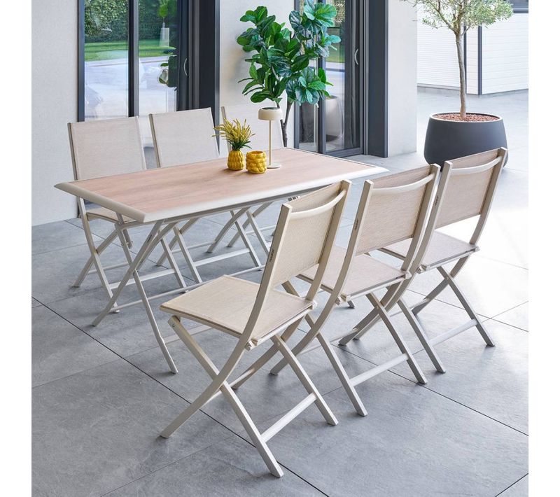 Table Extérieure Pliante 6 Places Azua Verre Effet Bois épeautre Argile Hespéride