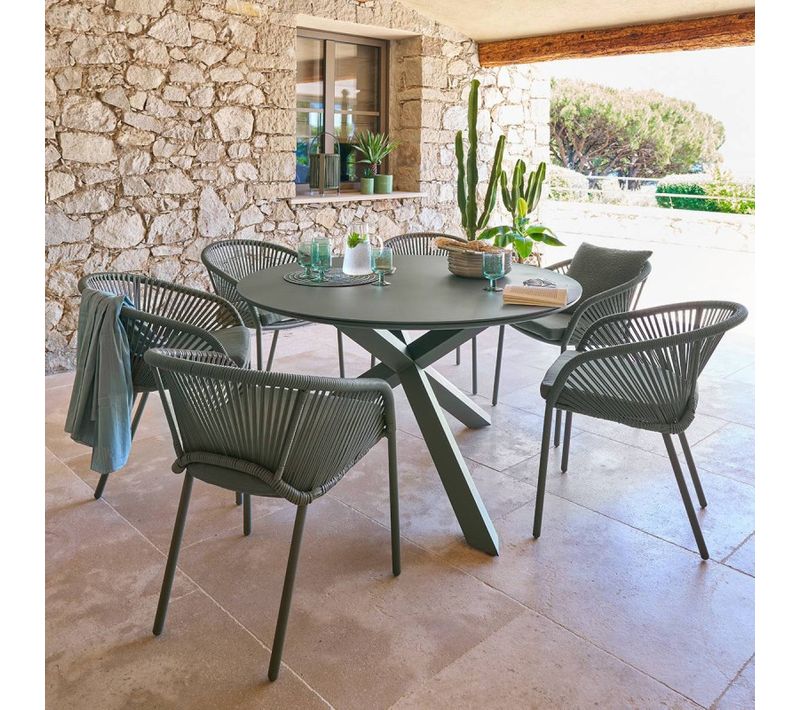 Table Extérieure Ronde 6 Places Aluminium Oryon Vert Laurier Hespéride