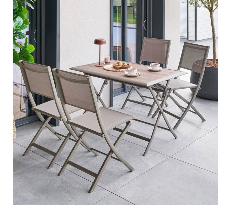 Table Extérieure Pliante 4 Places Azua Verre Effet Bois Truffe Café Hespéride