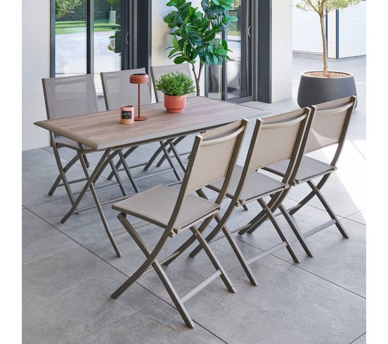 Table Extérieure Pliante 6 Places Azua Verre Effet Bois Truffe Café Hespéride