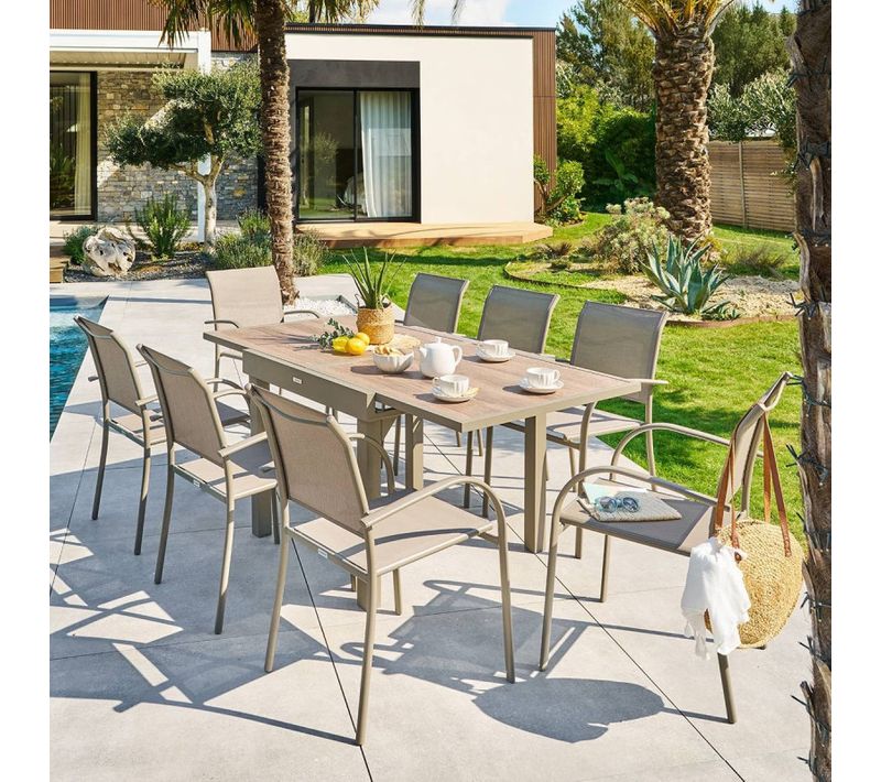 Table Extérieure Extensible 8 Places Piazza Verre Imprimé Truffe Café Hespéride