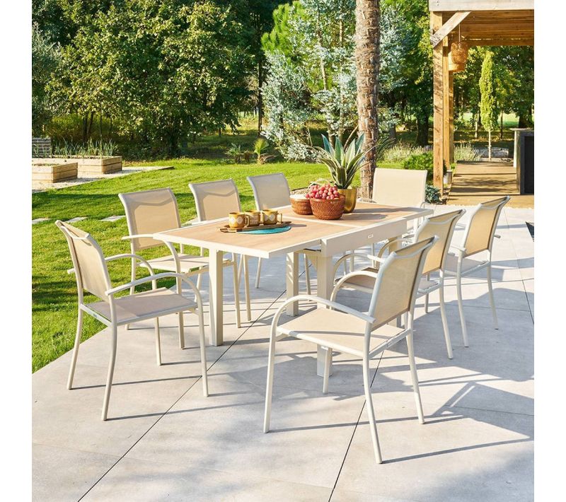 Table Extérieure Extensible 8 Places Piazza Verre Imprimé épeautre Argile Hespéride