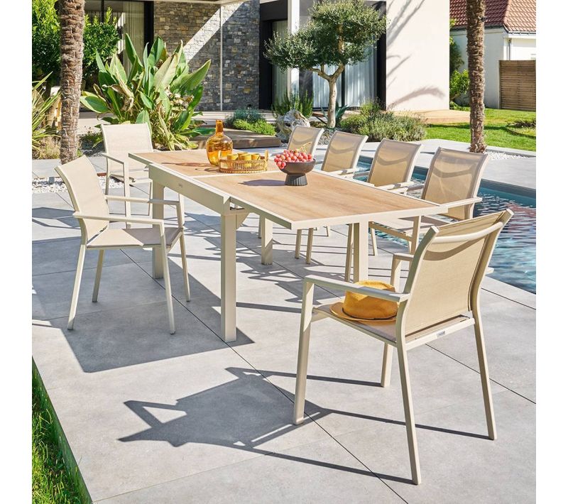 Table Extérieure Extensible 10 Places Piazza Verre Imprimé épeautre Argile Hespéride