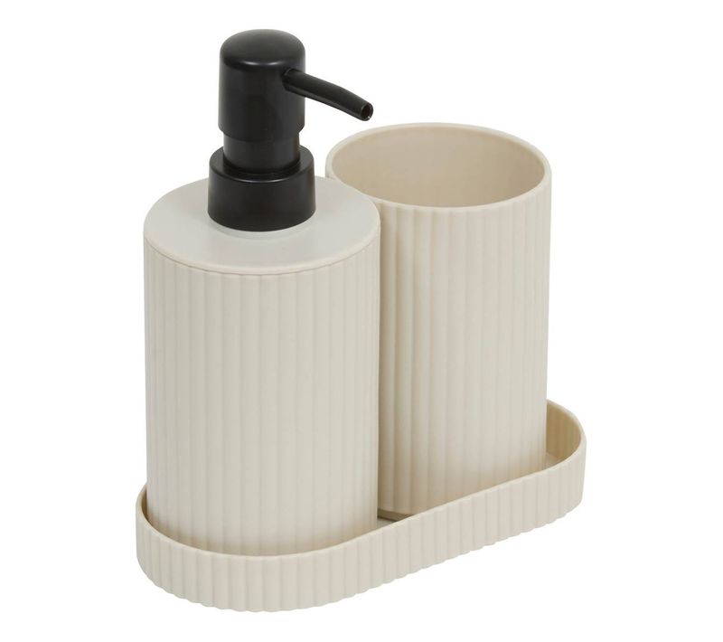 Lot Distributeur De Savon Et Gobelet Strié Beige