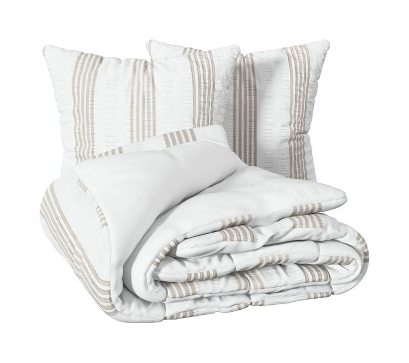 Parure De Lit Stripes 240x220cm Rayée Blanc Et Beige