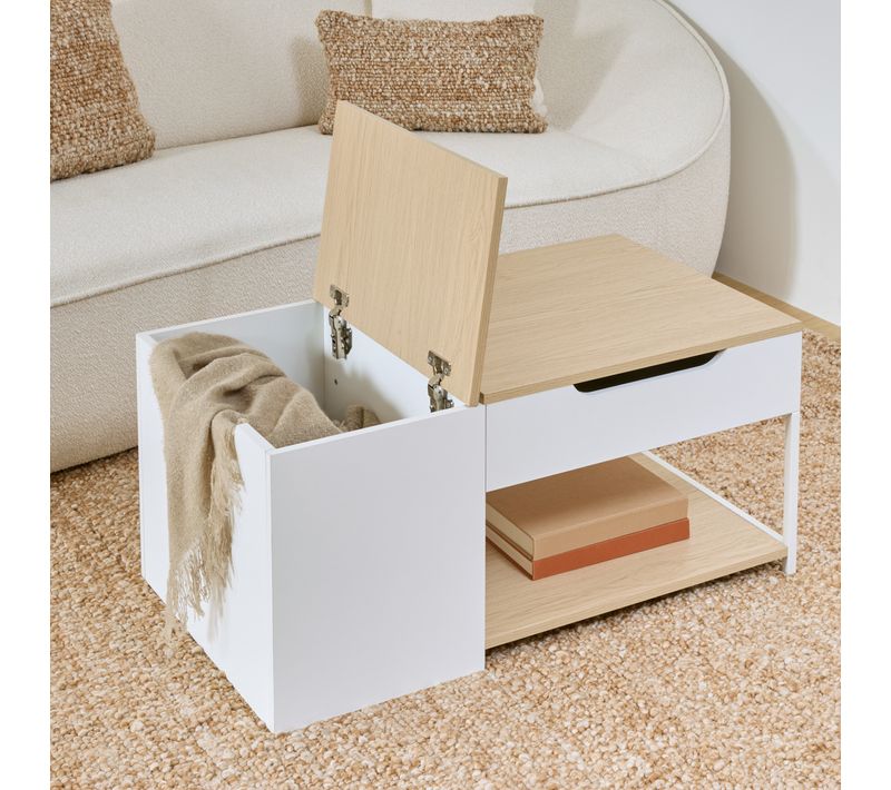 Table basse avec plateau relevable LUMA imitation chêne et blanc