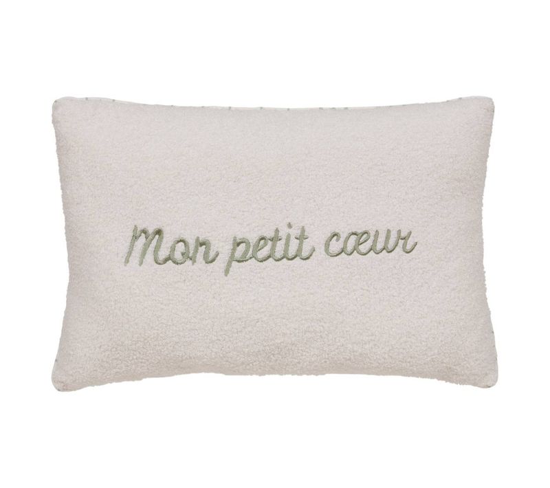 Coussin Reversible Bouclette/motif Coeurs Jaiko 38x58cm Blanc Et Vert