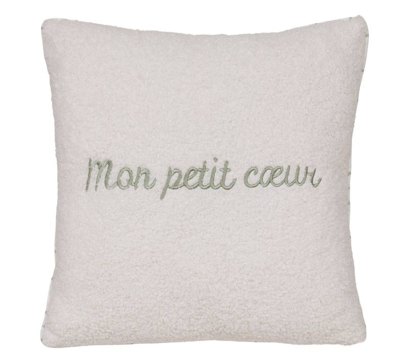 Coussin Reversible Bouclette/motif Coeurs Jaiko 40x40cm Blanc Et Vert
