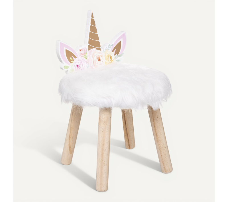 Tabouret Pour Enfant Licorne En Bois Et Fourrure Blanche H 40 Cm